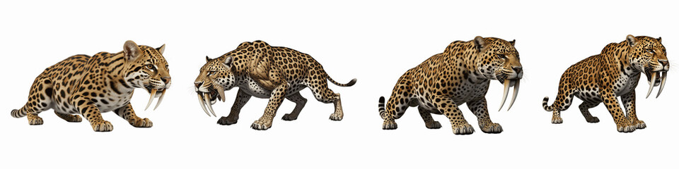 Obraz premium Collection of prehistoric saber-toothed tigers isolated on black background