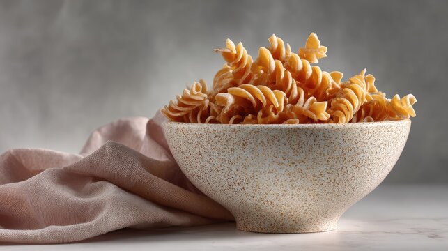 Freshly cooked spiral pasta in a textured bowl with soft pink linen fabric against a blurred gray background, perfect for food and recipe concepts.