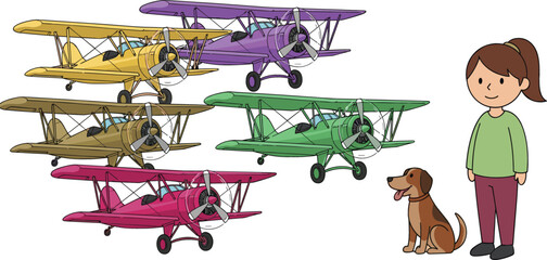 Vintage biplane airplanes set with colorful aircraft, girl and dog illustration, aviation and transport themed vector collection for kids design © Mst