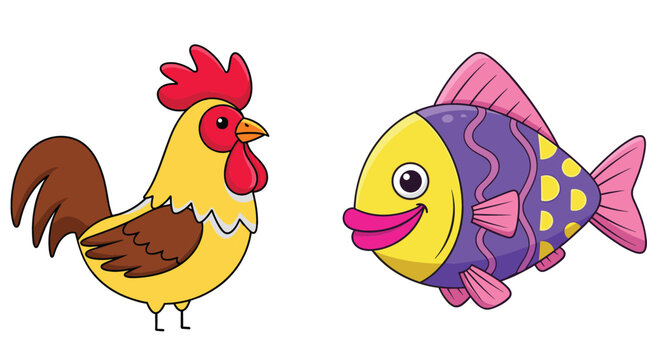 Cartoon rooster and colorful fish illustration set, farm bird and tropical aquatic animal characters for kids education and playful vector design