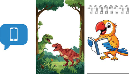 Cartoon dinosaur jungle scene, mobile chat icon and parrot reading notebook illustration set, communication, wildlife and education themed vector collection © Mst