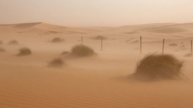 a sandstorm that hit a stretch of sand dunes in a vast desert. A thick cloud of dust covers the desert area with dry vegetation that is occasionally visible in the midst of extreme weather. The atmosg