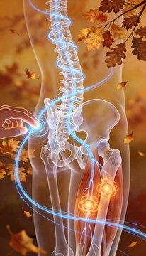 Human Spine and Leg Anatomy Illustration with Energy Pathways for Physical Therapy and Pain Relief