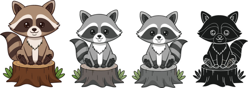 Cute cartoon raccoon coloring page set with colored, grayscale and outline versions, kids educational drawing activity illustration for learning and creativity
