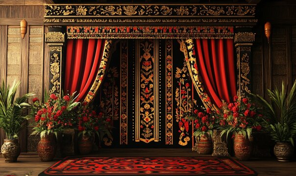 Traditional Batak Wedding Stage: Authentic North Sumatra Decor with Gorga Carvings