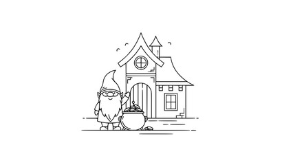 Fototapeta premium Minimal gnome waving with gold pot and cottage contour line vector illustration fairytale coloring page design