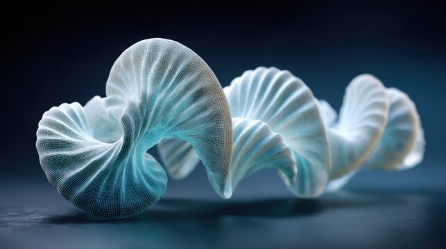 Abstract 3D rendering of a fluid, spiraling shape resembling a shell or wave, showcasing intricate textures and wave-like patterns in soft hues