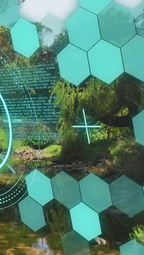Vertical video: Turquoise hex grid and HUD shifting after scan, revealing stream rocks and willow