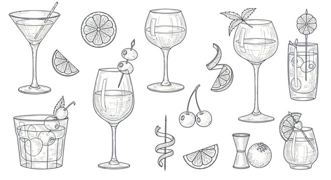Collection of Hand Drawn Cocktails and Bar Elements.