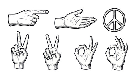 Fototapeta premium Collection of Hand Gestures and Peace Symbol Illustrations.