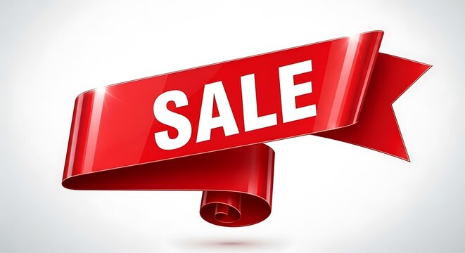 Bright Red Sale Ribbon Banner with Glossy Finish and Jagged Edges, Isolated on White