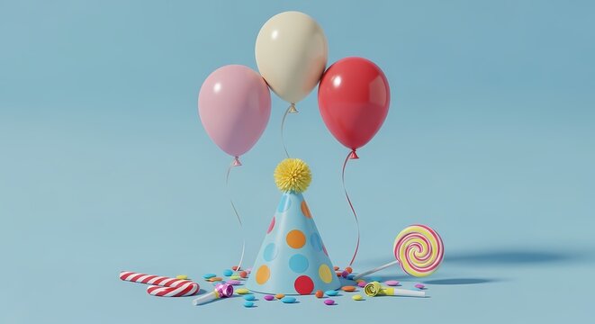 Party Hat with Balloons and Candies on Blue Background