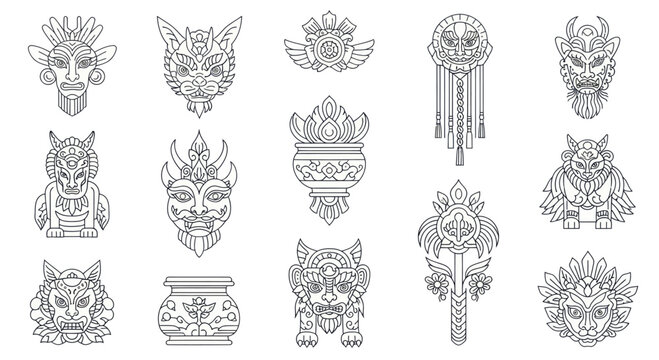 Collection of Intricate Tribal Masks and Symbols.