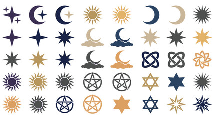 Celestial symbols set containing sun moon and star icons for mystical astrology. © MDTAZBIRHOSSAIN