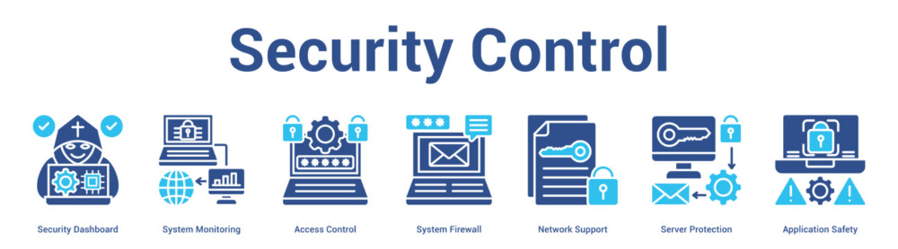 Security Control web banner icon set vector illustration concept for business with icon of Security Dashboard, System Monitoring, Access Control, System Firewall, Network Support, Server Protecti.