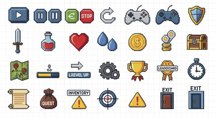 Collection of pixel art game icons for various video game elements. © Rejeki
