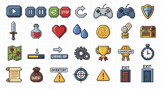 Collection of pixel art game icons for various video game elements.