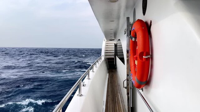 Cruising on the deck of a luxury yacht through deep blue choppy Mediterranean waves under a bright overcast spring sky featuring a vibrant orange lifebuoy and polished teak wood side walkway view