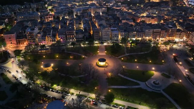 Night Aerial View of Maitland Rotunda and Illuminated Spianada Square in Corfu Old Town Greece Historic Cityscape