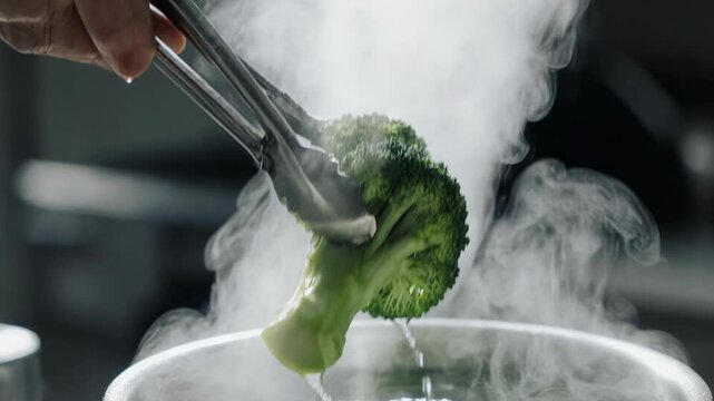 Steam-Sanitized Tongs. Hygienic & Modern Kitchen Preparation. Thermal Safety. silver tongs lifting a blanched piece of broccoli from a steaming pot of water set in a high-key professional home kitchen
