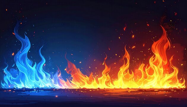 Chamas de Fogo Azul e Vermelho em Contraste Criando Luta Elemental Din&acirc;mica