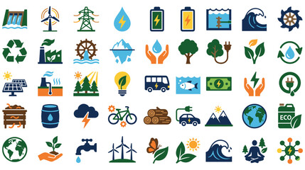 Fototapeta premium Set of ecology icons showing green energy, environment, and sustainable development.