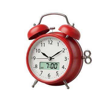 Retro red alarm clock showing 7 AM isolated transparent background