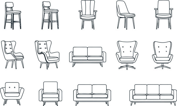 Collection of hand drawn furniture sketches featuring chairs and sofas