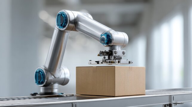 Modern robotic arm handling cardboard box on automated conveyor belt in industrial warehouse setting with blurred background for technology innovation