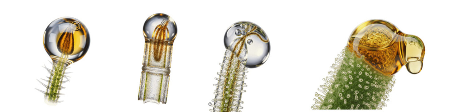 Macro collection of cannabis trichomes with golden resin droplets on black