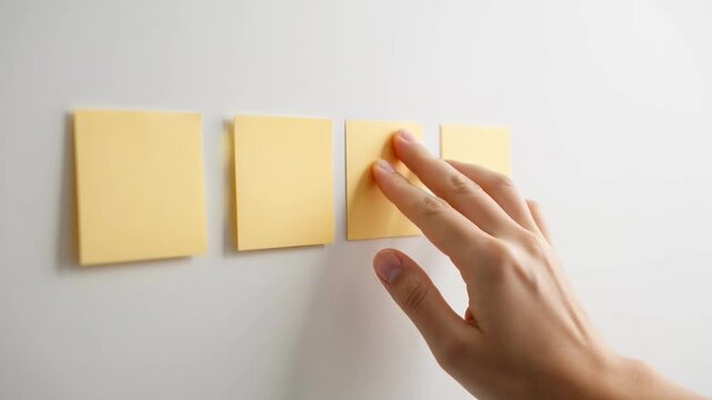 A hand placing a sticky note on a wall with other notes in a video about organization