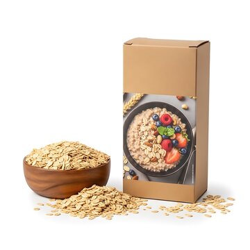Brown cardboard package of oatmeal with a bowl of oatmeal and fruits and a wooden bowl of oats on white background