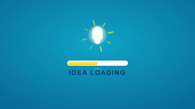 Light bulb with idea loading progress bar animation on vibrant blue creative background