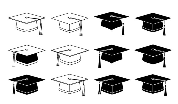 Graduation cap outline and silhouette black and white vector set with academic hat icons