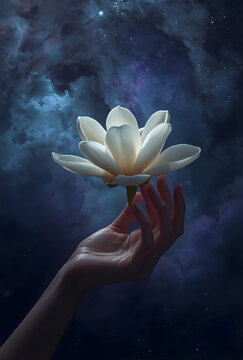 Mystical white magnolia flower floating over human hand in deep space nebula background, surreal celestial digital art.