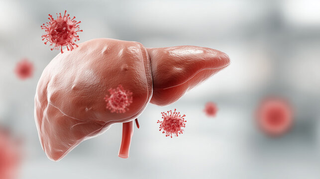 Liver Infected: Visual depiction of viral infection impacting a liver, the core element of the image. A symbolic representation of illness, biological processes, and health concerns.