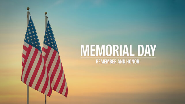 American flags on poles waving in the wind with a beautiful sky background during memorial day to remember and honor