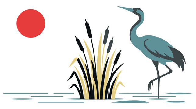 Heron bird standing in water near cattails with sun in background traditional Japanese art style.