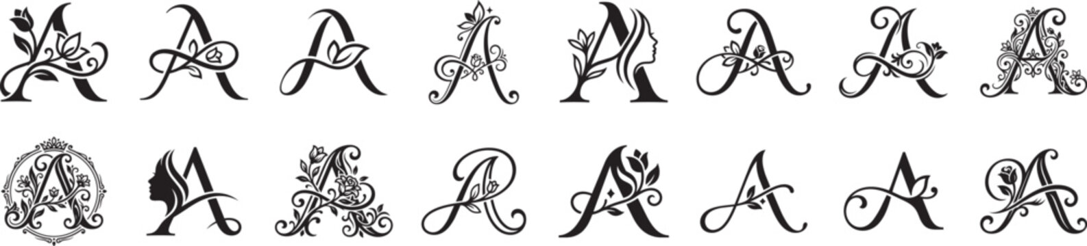Elegant ornate letter a monograms vintage floral design element alphabet.