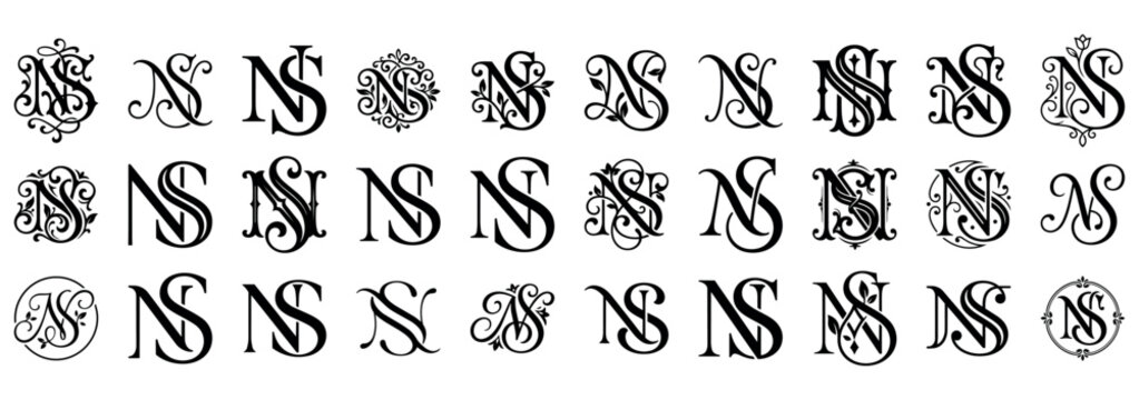 Stylized ns monograms vintage design element alphabet script letters.