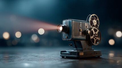 Fototapeta premium Vintage Movie Projector in Spotlight: The spotlight captures an old film projector, casting a warm beam, evoking the nostalgia of cinematic moments, with a backdrop of blurred lights.