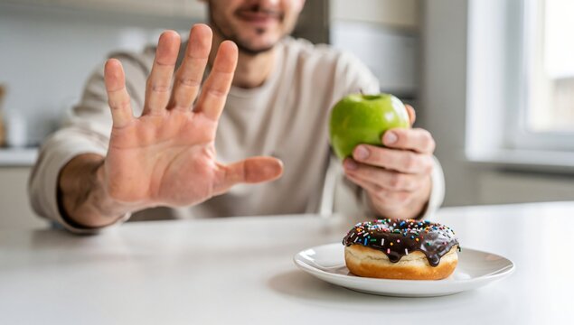 Healthy Lifestyle Choice Man Rejecting Donut and Choosing Green Apple