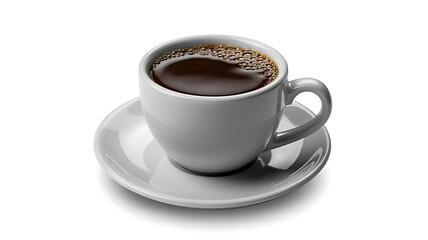 Naklejka premium A white ceramic cup filled with fresh hot black coffee resting on a matching saucer isolated