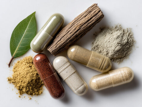Traditional Indian ayurvedic herbal powder medicine capsule, known in India with various name Sarpagandha, Ashwagandha, shatavari, triphla, harde, amla powder, white background