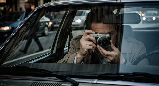 Man taking a photo with a vintage camera through the windshield of a car, with city traffic reflections in the glass.
