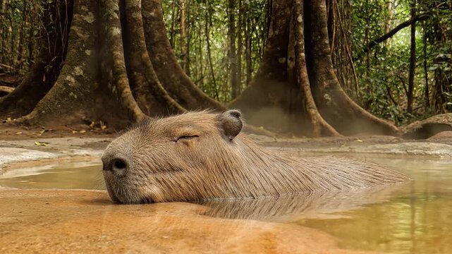 Capybara rests eyes closed in muddy pool in a lush tropical forest setting