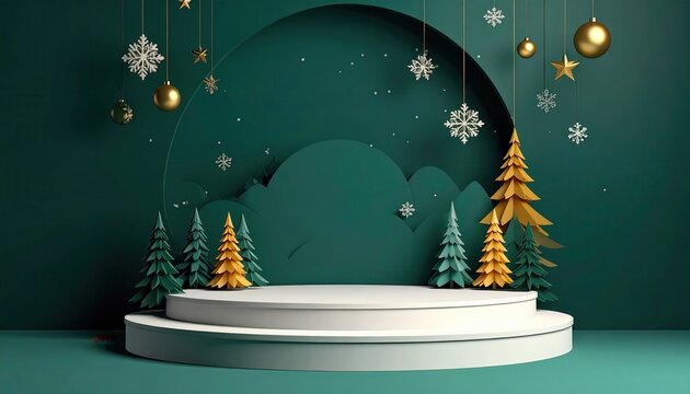 Tel&oacute;n de fondo elegante para escenario navide&ntilde;o con &aacute;rboles dorados y verdes