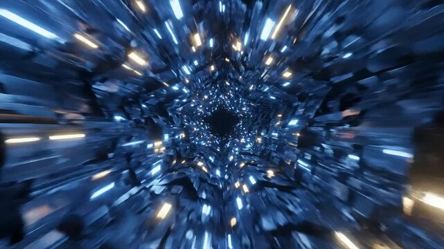 Abstract Blue Crystal Tunnel with Glowing Lights Zooming Forward.
