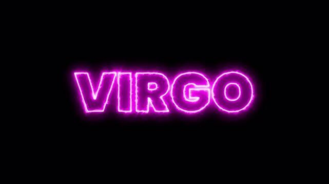 vibrant neon virgo zodiac sign animation with pink glowing typography on black background, 4k video