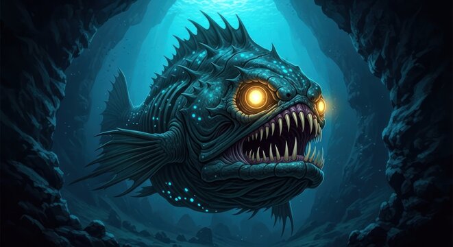 A giant anglerfish with sharp teeth and glowing eyes swims through dark ocean waters.